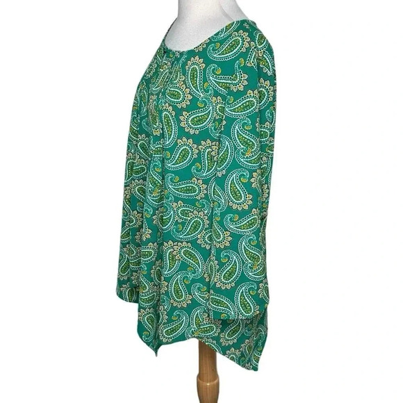 Kim Rogers XL green paisley print long sleeve asymmetrical‎ hem blouse - Picture 2 of 7